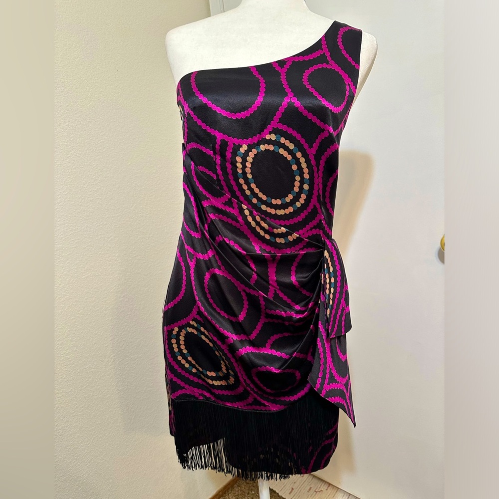 TRINA TURK Purple One Shoulder Silk Mini Dress with Dot Pattern + Fringe EUC